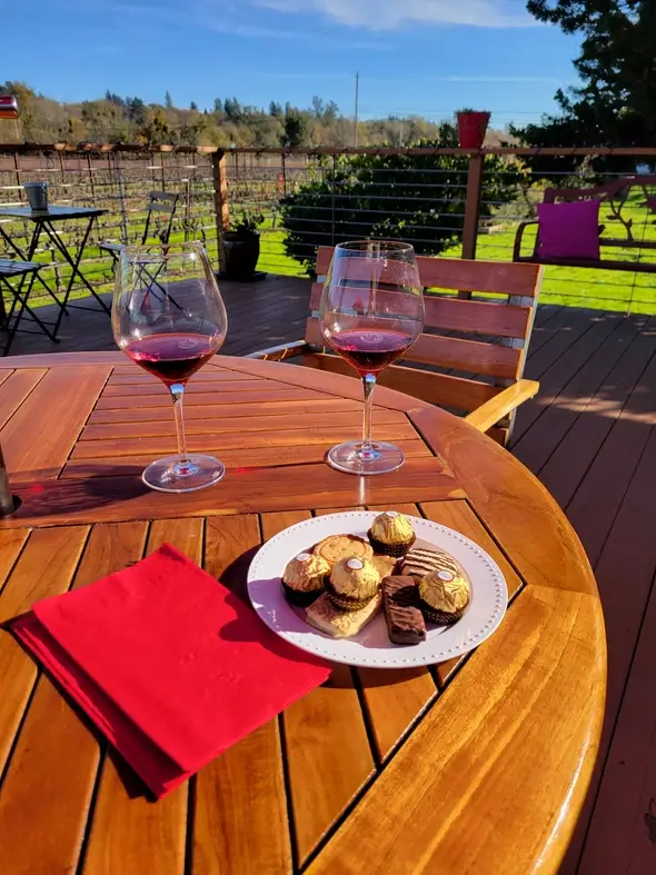 A table with two wine glasses and a plate of food on it.